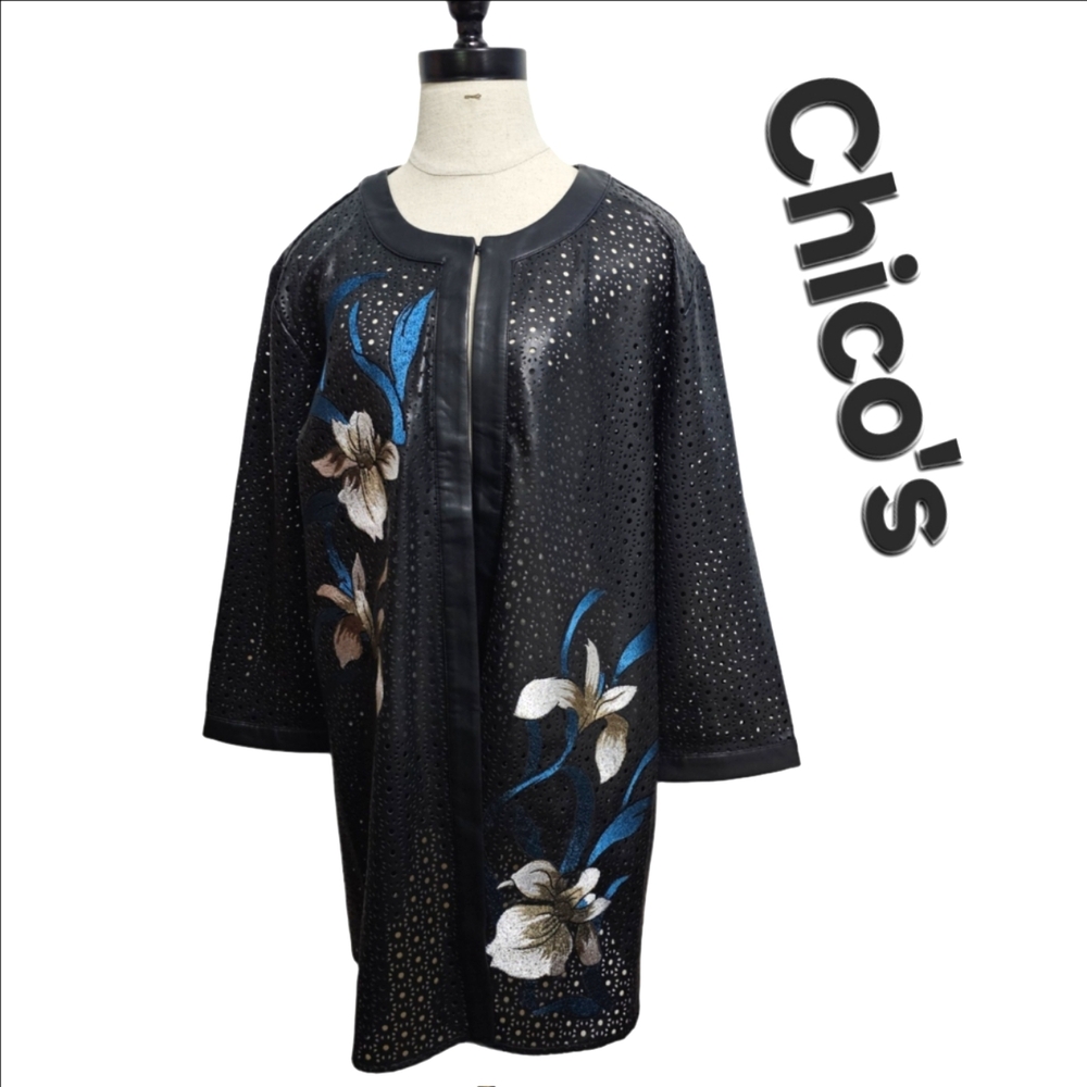 Chico's Travelers Embroidered Leather Floral Jacket Mob Wife Sz 4 (XXL)